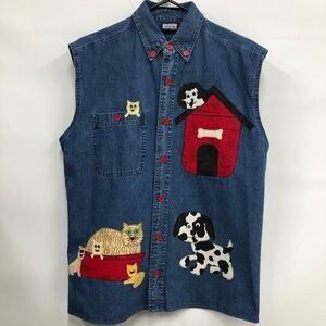 Premier International Men unisex button down xl denim shirt cat dog horse